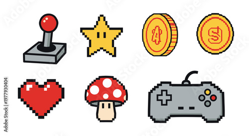 Retro 8-bit Video Game Icons: Joystick, Star, Coin, Heart, Mushroom, Controller