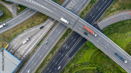Quadro su tela Aerial top view of highway junction interchange road