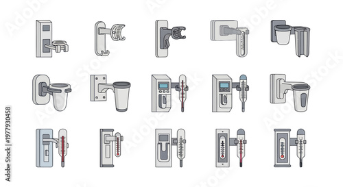Collection of wall-mounted thermometers and weather stations, diverse designs