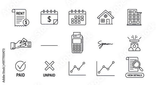 Real Estate Icons: Rent, Payment, Calendar, House, Building, Graph, Paid/Unpaid Status