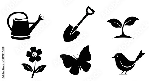 A flat vector illustration features a black icon set, including a watering can, shovel, seedling, flower, butterfly, and bird, all conveying an ecosystem concept against a white background