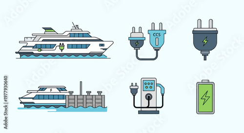Electric ferry concept, charging station, battery, power plugs, clean energy transport