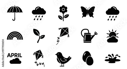 Black silhouette icon set showcases spring elements, including a flower, weather icons, an animal, and the word 'APRIL', set against a clean white background with a minimalist design