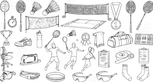 Detailed Hand-drawn Badminton Sports Doodle Set with Equipment, Athletes, Net, Court, Medals, and Game Accessories for Training and Competition