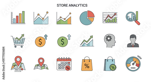 Store Analytics Icons Set: Charts, Graphs, Shopping Cart, Money, Data, Strategy, Location