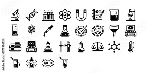 icon sheet collection of professional laboratory equipment and science research symbols featuring microscope, dna helix, test tubes, and chemistry apparatus.