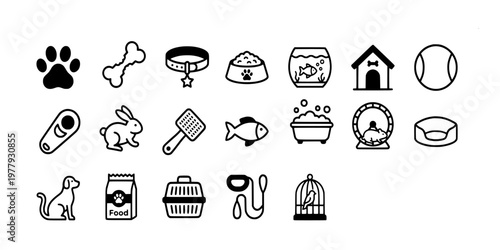 icon sheet collection of domestic pet care essentials including paw prints, animal food, grooming tools, and various pet housing illustrations.