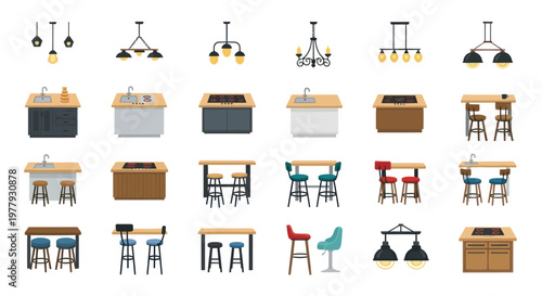Kitchen island, bar counter, pendant lights, dining set, furniture collection vector icons