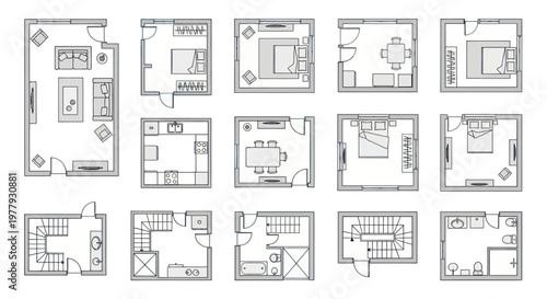 Collection of various floor plan layouts for apartments and houses