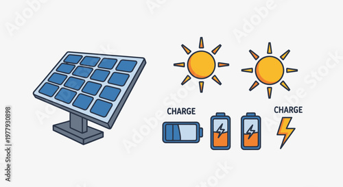 Solar Panel Charging Batteries with Sun Icon