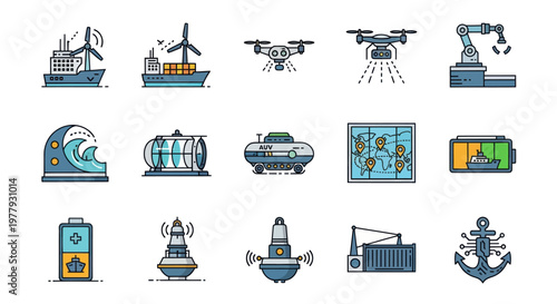 Maritime Technology and Innovation Icons: Drones, Robots, Wind Turbines, Ships, Buoys, Anchor