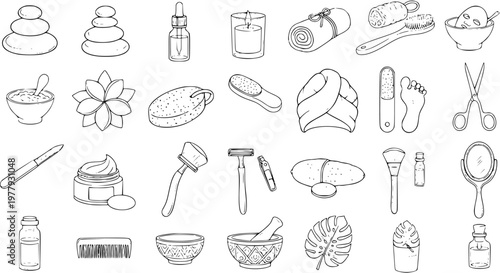 Hand-drawn Spa and Beauty Line Art Icons Set. Doodle collection of wellness, relaxation, and self-care essentials for health, cosmetic products, and bath accessories.