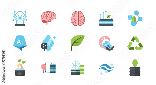 Artificial Intelligence, Brain, Nature, Technology, Ecology Icons Set