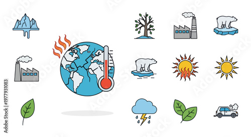 Climate Change Icons: Global Warming, Pollution, Melting Ice, Nature.