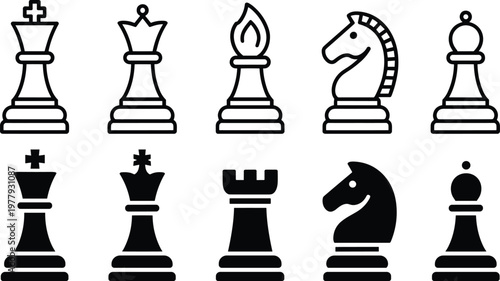 Chess pieces icon collection, king queen bishop knight rook pawn symbols, outline and solid styles, vector illustration for strategy board game design