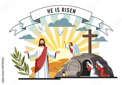 He Is Risen Easter Illustration Featuring Jesus Christ, Angel, and the Empty Tomb with Mourning Women
