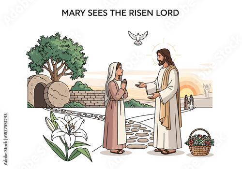 Mary encounters the resurrected Christ outside the tomb, with the Holy Spirit descending