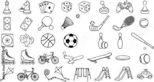 Diverse Doodle Vector Set of Recreation: Games, Sports, Toys, and Outdoor Activities