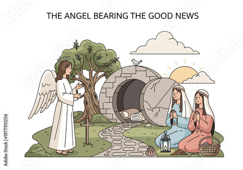 Angel announces resurrection to women at tomb in a flat vector illustration
