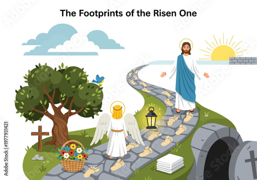 Jesus' Resurrection and the Empty Tomb A Christian Easter Illustration Depicting the Risen Lord's Footprints Leading to the Sunlit Horizon