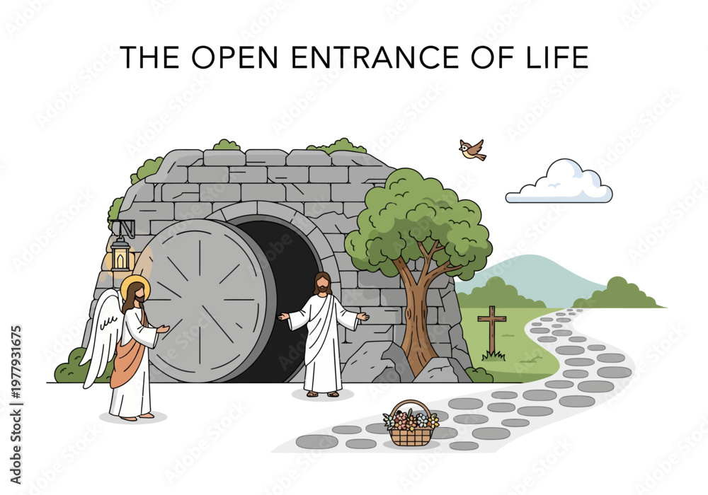 Fototapeta premium The Open Entrance of Life, depicting a stone tomb entrance with an angel and a resurrected figure