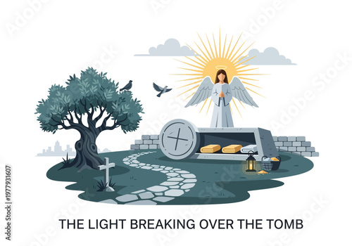The Glorious Resurrection of Christ An Angelic Scene at the Tomb with Radiant Sunlight