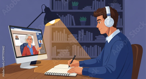 Young Man Studying Online with Video Call Teacher Vector