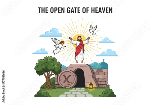The Resurrection of Jesus Christ A Flat Vector Illustration of the Open Gate to Heaven