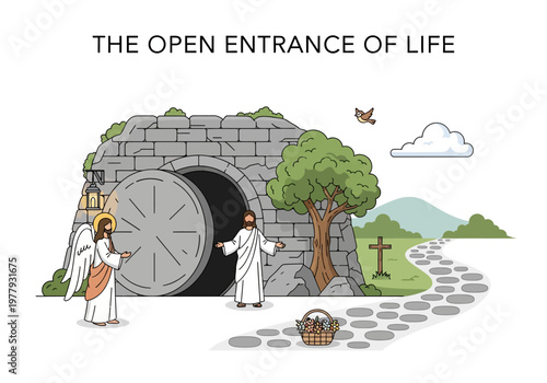 The Open Entrance of Life, depicting a stone tomb entrance with an angel and a resurrected figure