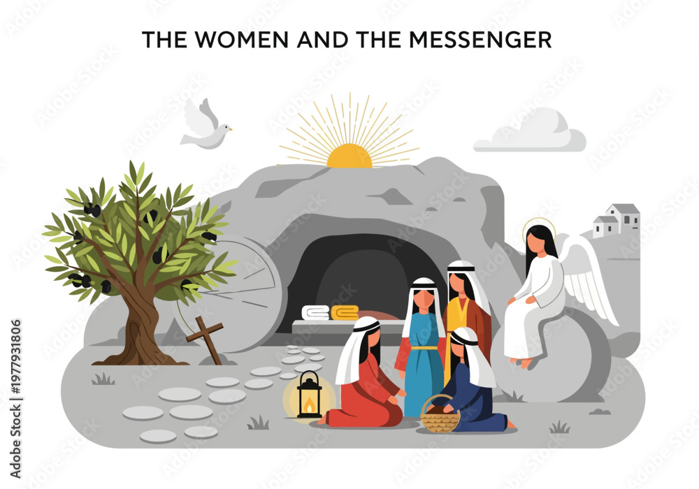 Fototapeta premium Easter Scene Women Discover the Empty Tomb with an Angelic Messenger