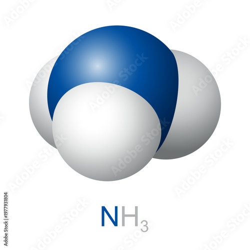 Ammonia molecule, NH3, space-filling model. Inorganic chemical compound of nitrogen and hydrogen. Stable binary hydride and simplest pnictogen hydride, used in fertilizers, refrigerants, etc. Vector