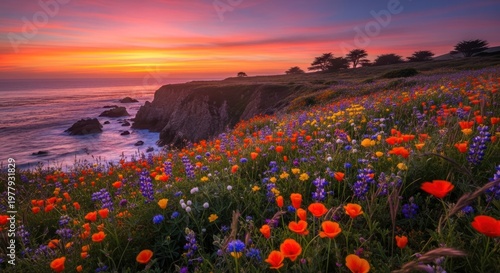 A vibrant coastal scene at sunset, with a cliff adorned with a multitude of colorful wildflowers, the ocean meeting the sky at the horizon, and the sun casting a warm glow over the landscape.