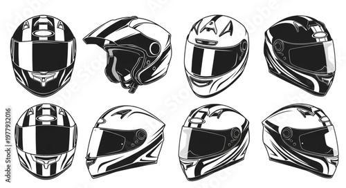 Collection of Motorcycle Helmets in Various Styles and Angles.