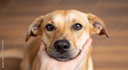 A tan dog with brown eyes and a black nose sits on a wooden floor, looking up at the camera with a curious expression.