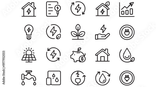 A Collection of Black and White Line Art Icons Representing Renewable Energy, Sustainability, and Eco-Friendly Concepts