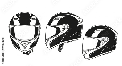 Three Motorcycle Helmets in Black and White Vector Illustration.