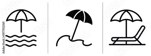 Beach umbrella and chair icon vector isolated on white background showing sunbed, umbrella, sea, and vacation concept for travel, leisure, and holiday design illustration.