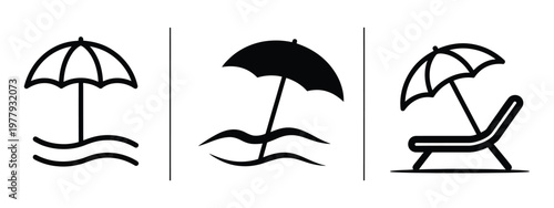 Beach umbrella and chair icon vector isolated on white background showing sunbed, umbrella, sea, and vacation concept for travel, leisure, and holiday design illustration.