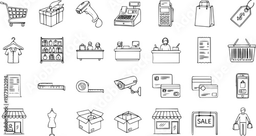 Hand-drawn Shopping  Retail Icons Set - Doodle style collection of store, market, payment, delivery, and customer service vector illustrations.