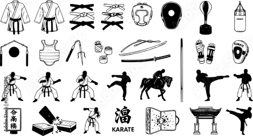 Karate Martial Arts Vector Icon Set. Collection of Training Equipment, Uniforms, Belts, Weapons, and Fighting Poses. Black and White Outline Illustrations.