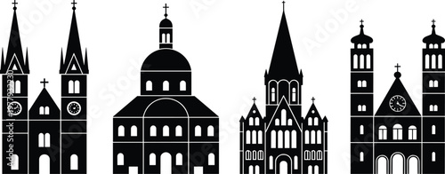 Church and cathedral silhouette icon set, gothic and classic architecture buildings with towers domes and crosses, religious vector illustration isolated background