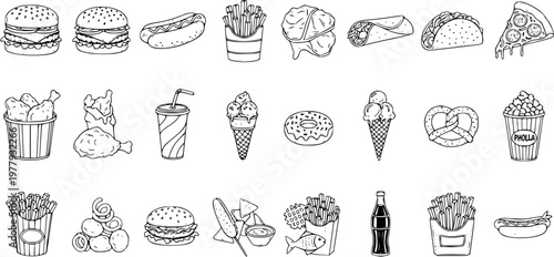Hand-drawn outline vector illustration set of various fast food and snack items like burgers, pizza, hot dogs, fries, chicken, desserts, and drinks, perfect for menus or designs.