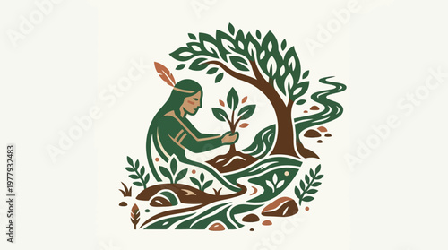 Indigenous Woman Planting a Tree by a River