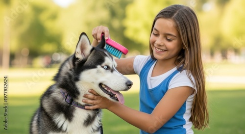 A young girl is brushing a black and white husky dog in a park. The dog is wearing a collar with a tag. The girl is smiling and appears to be enjoying herself.