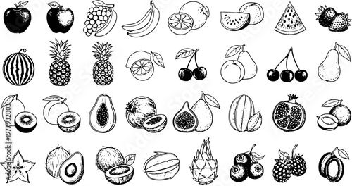 Hand-drawn Fruit Icons Collection Set. Black and White Sketch Doodles of Various Healthy Organic Fruits for Food, Nutrition, and Health Designs.