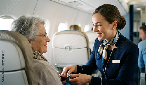 flight attendant helping an elderly passenger with care.