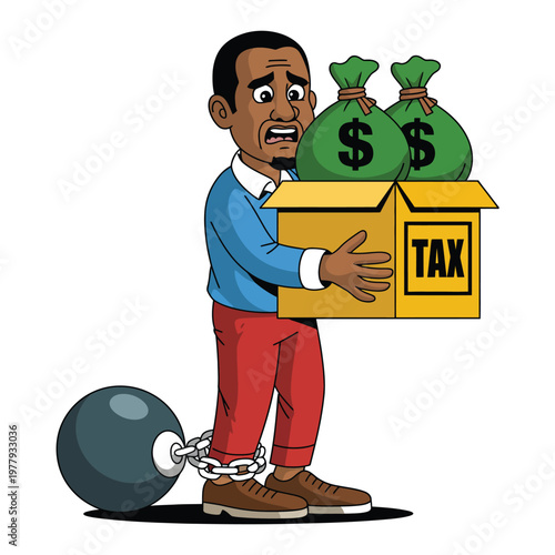 Businessman holding a heavy box of tax documents while chained to a large iron ball of debt.