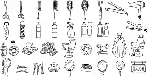 Hand-drawn sketch set of professional hairdresser and barber shop tools, equipment, and accessories. Collection of salon icons including scissors, combs, brushes, hair dryer, curlers, and chair.