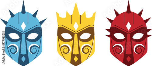 Tribal masks primitive masks blue yellow red ancient artifact.
