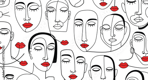 Abstract faces continuous line drawing red lips faces pattern.